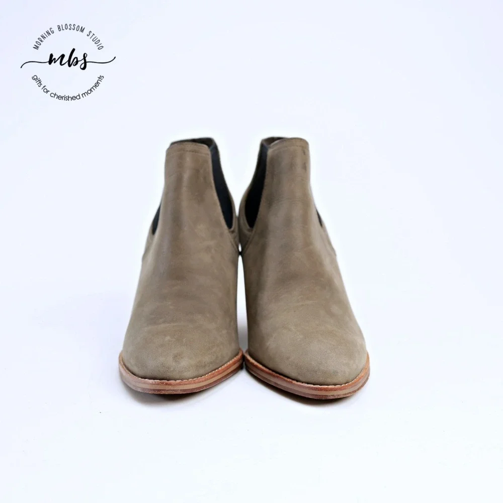 Cole Haan Balthasar Leather Stacked Wedge Booties Gray Tan‎ Women 10